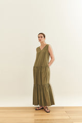 Sleeveless Cotton Poplin Maxi Dress for Women with V-Neckline and Tiered Flared Skirt