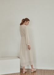 Long Sleeve Linen Midi Dress with Gathered Waist and V-Neckline for Effortless Elegance