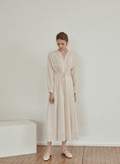 Long Sleeve Linen Midi Dress with Gathered Waist and V-Neckline for Effortless Elegance