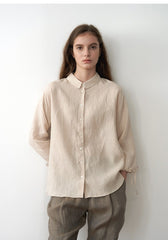 Women's Premium Pure Linen Button-Down Blouse with Drawstring Cuffs and Soft Collar
