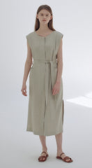 Wrap-Front Linen Midi Dress with Belted Waist and Kimono Sleeves for Elegant Comfort