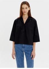 Relaxed Fit Linen Blouse with Half Placket and Wide Sleeves for Casual Chic Style