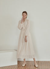 Long Sleeve Linen Midi Dress with Gathered Waist and V-Neckline for Effortless Elegance