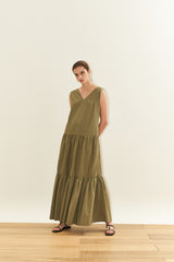 Sleeveless Cotton Poplin Maxi Dress for Women with V-Neckline and Tiered Flared Skirt