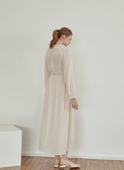 Long Sleeve Linen Midi Dress with Gathered Waist and V-Neckline for Effortless Elegance