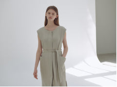 Wrap-Front Linen Midi Dress with Belted Waist and Kimono Sleeves for Elegant Comfort