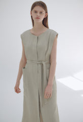 Wrap-Front Linen Midi Dress with Belted Waist and Kimono Sleeves for Elegant Comfort