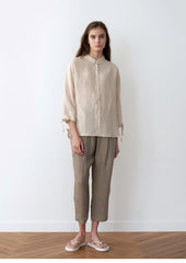 Women's Premium Pure Linen Button-Down Blouse with Drawstring Cuffs and Soft Collar