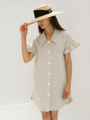 Linen Mini Dress with Puff Sleeves and Gold Button Front Detailing