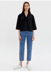 Relaxed Fit Linen Blouse with Half Placket and Wide Sleeves for Casual Chic Style