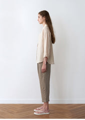 Women's Premium Pure Linen Button-Down Blouse with Drawstring Cuffs and Soft Collar