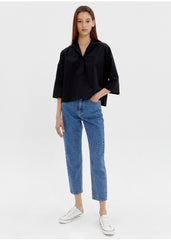 Relaxed Fit Linen Blouse with Half Placket and Wide Sleeves for Casual Chic Style