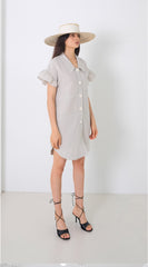 Linen Mini Dress with Puff Sleeves and Gold Button Front Detailing