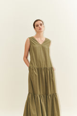 Sleeveless Cotton Poplin Maxi Dress for Women with V-Neckline and Tiered Flared Skirt