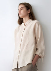 Women's Premium Pure Linen Button-Down Blouse with Drawstring Cuffs and Soft Collar