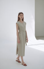 Wrap-Front Linen Midi Dress with Belted Waist and Kimono Sleeves for Elegant Comfort