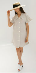 Linen Mini Dress with Puff Sleeves and Gold Button Front Detailing