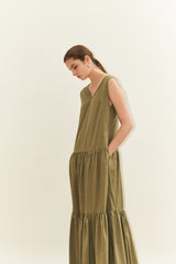 Sleeveless Cotton Poplin Maxi Dress for Women with V-Neckline and Tiered Flared Skirt