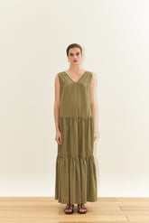 Sleeveless Cotton Poplin Maxi Dress for Women with V-Neckline and Tiered Flared Skirt
