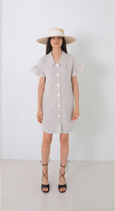 Linen Mini Dress with Puff Sleeves and Gold Button Front Detailing