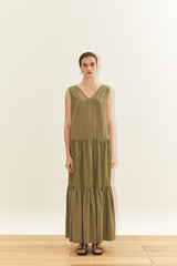 Sleeveless Cotton Poplin Maxi Dress for Women with V-Neckline and Tiered Flared Skirt