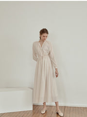 Long Sleeve Linen Midi Dress with Gathered Waist and V-Neckline for Effortless Elegance