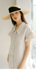 Linen Mini Dress with Puff Sleeves and Gold Button Front Detailing