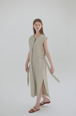 Wrap-Front Linen Midi Dress with Belted Waist and Kimono Sleeves for Elegant Comfort