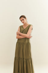Sleeveless Cotton Poplin Maxi Dress for Women with V-Neckline and Tiered Flared Skirt
