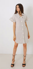 Linen Mini Dress with Puff Sleeves and Gold Button Front Detailing