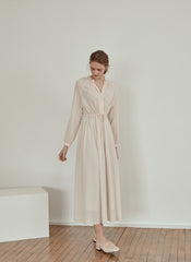 Long Sleeve Linen Midi Dress with Gathered Waist and V-Neckline for Effortless Elegance