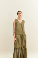 Sleeveless Cotton Poplin Maxi Dress for Women with V-Neckline and Tiered Flared Skirt
