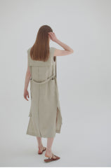 Wrap-Front Linen Midi Dress with Belted Waist and Kimono Sleeves for Elegant Comfort