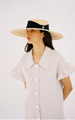 Linen Mini Dress with Puff Sleeves and Gold Button Front Detailing