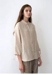 Women's Premium Pure Linen Button-Down Blouse with Drawstring Cuffs and Soft Collar