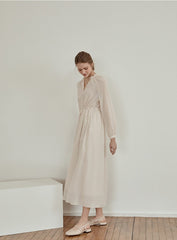 Long Sleeve Linen Midi Dress with Gathered Waist and V-Neckline for Effortless Elegance