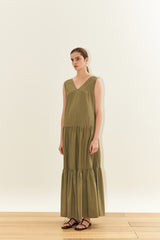 Sleeveless Cotton Poplin Maxi Dress for Women with V-Neckline and Tiered Flared Skirt