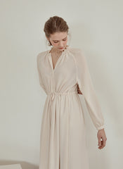 Long Sleeve Linen Midi Dress with Gathered Waist and V-Neckline for Effortless Elegance