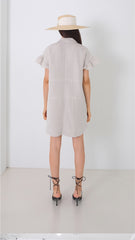 Linen Mini Dress with Puff Sleeves and Gold Button Front Detailing