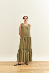 Sleeveless Cotton Poplin Maxi Dress for Women with V-Neckline and Tiered Flared Skirt