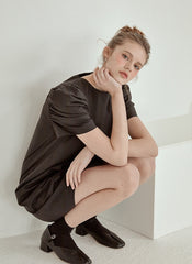 Structured Cotton Poplin Mini Dress with Puff Sleeves and Tailored A-Line Silhouette