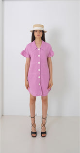 Short-Sleeve Linen Shirt Dress With Flared Pleated Skirt and Pointed Collar