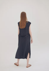 Wrap Front Midi Linen Dress with Waist Tie and Structured Sleeves for Elegant Summer Look
