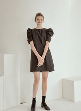Structured Cotton Poplin Mini Dress with Puff Sleeves and Tailored A-Line Silhouette
