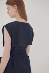 Wrap Front Midi Linen Dress with Waist Tie and Structured Sleeves for Elegant Summer Look