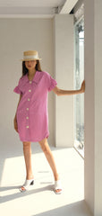 Short-Sleeve Linen Shirt Dress With Flared Pleated Skirt and Pointed Collar