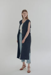 Wrap Front Midi Linen Dress with Waist Tie and Structured Sleeves for Elegant Summer Look