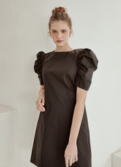 Structured Cotton Poplin Mini Dress with Puff Sleeves and Tailored A-Line Silhouette
