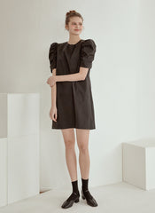 Structured Cotton Poplin Mini Dress with Puff Sleeves and Tailored A-Line Silhouette