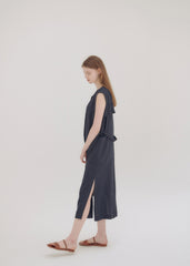 Wrap Front Midi Linen Dress with Waist Tie and Structured Sleeves for Elegant Summer Look